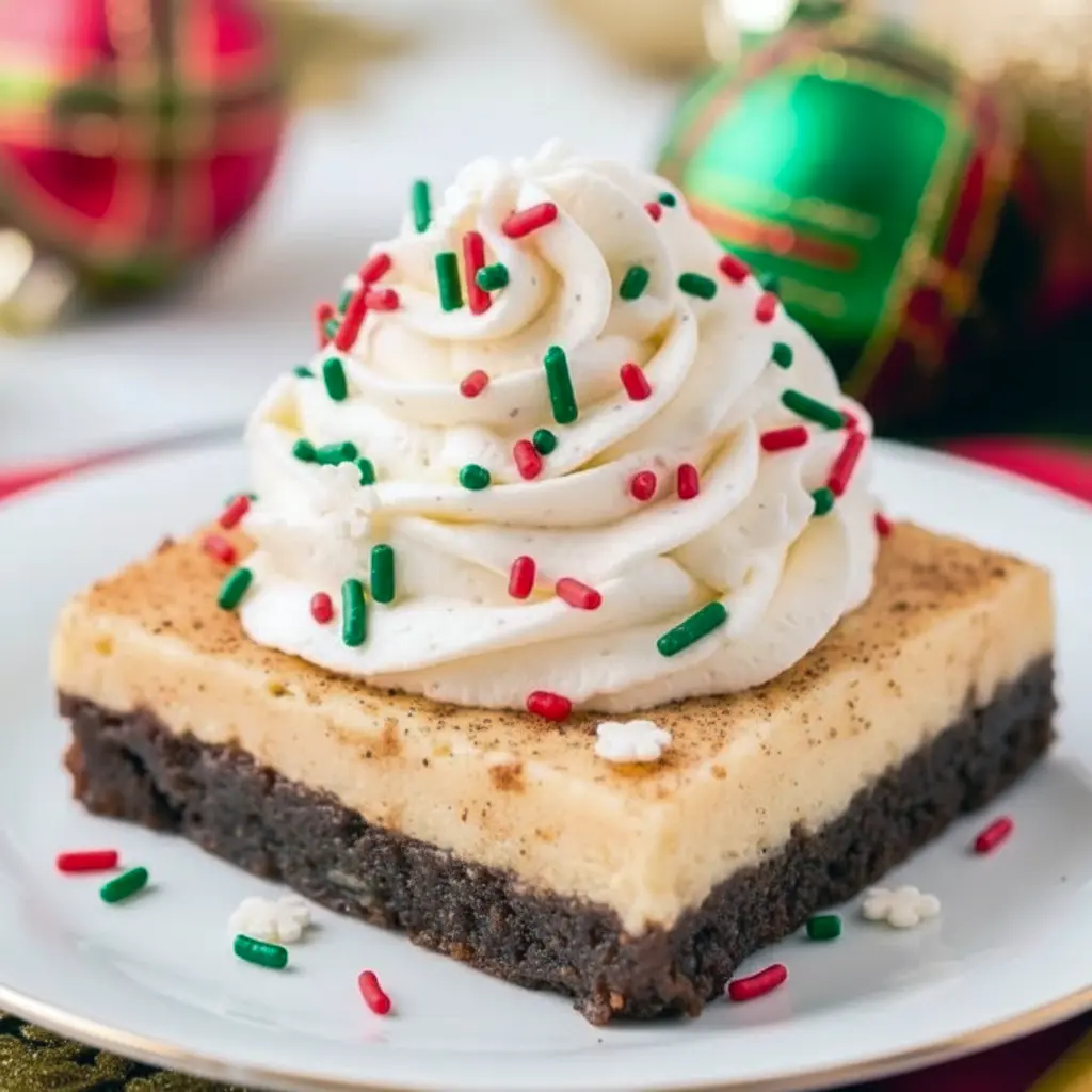 Close-up of chilled Eggnog Brownies topped with a dusting of nutmeg and a swirl of whipped cream.