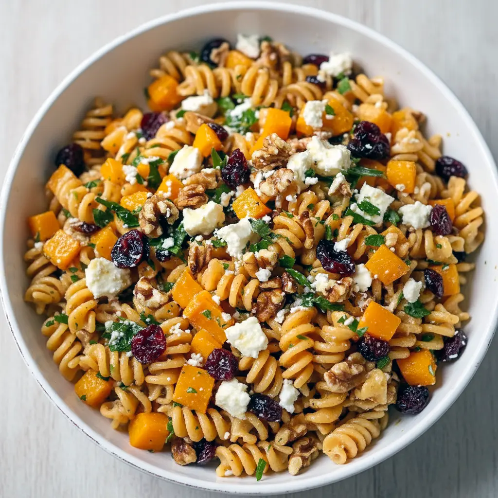 Autumn pasta salad with roasted butternut squash, Brussels sprouts, cranberries and feta — ideal Friendsgiving Dinner Food Ideas, great for Easy Potluck Dishes Vegetarian, a classic Harvest Side Dishes, fits Fall Dishes Dinners Easy, works for Easy Fall Dishes For Parties, perfect as Cold Dinners On The Go, a top Fall Dish To Pass Ideas, in many Recipes For Dinner Fall, and a tasty Side Dishes For Fall Party.