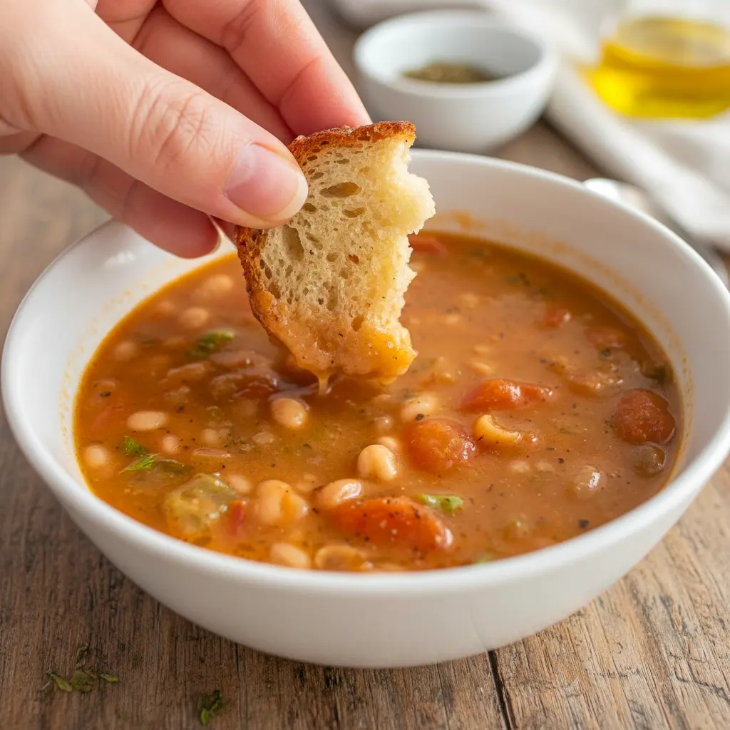 A bowl of Fasolatha, a traditional Greek Vegan Soup made with White Beans, tomatoes, and olive oil, served with rustic bread — a hearty comfort dish from Greek Recipes perfect for Soup And Salad lovers and fans of Здоровое Питание, Vegan Soups.