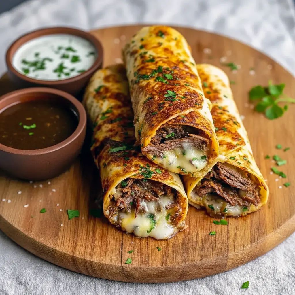 Close-up of golden-brown sliced tortilla rolls stuffed with thinly sliced roast beef and melted cheese, served next to a small bowl of au jus for dipping. Roll Ups Tortilla