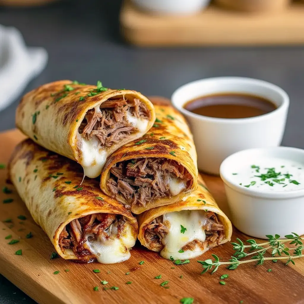 Close-up of golden-brown sliced tortilla rolls stuffed with thinly sliced roast beef and melted cheese, served next to a small bowl of au jus for dipping. Appetizer Recipes