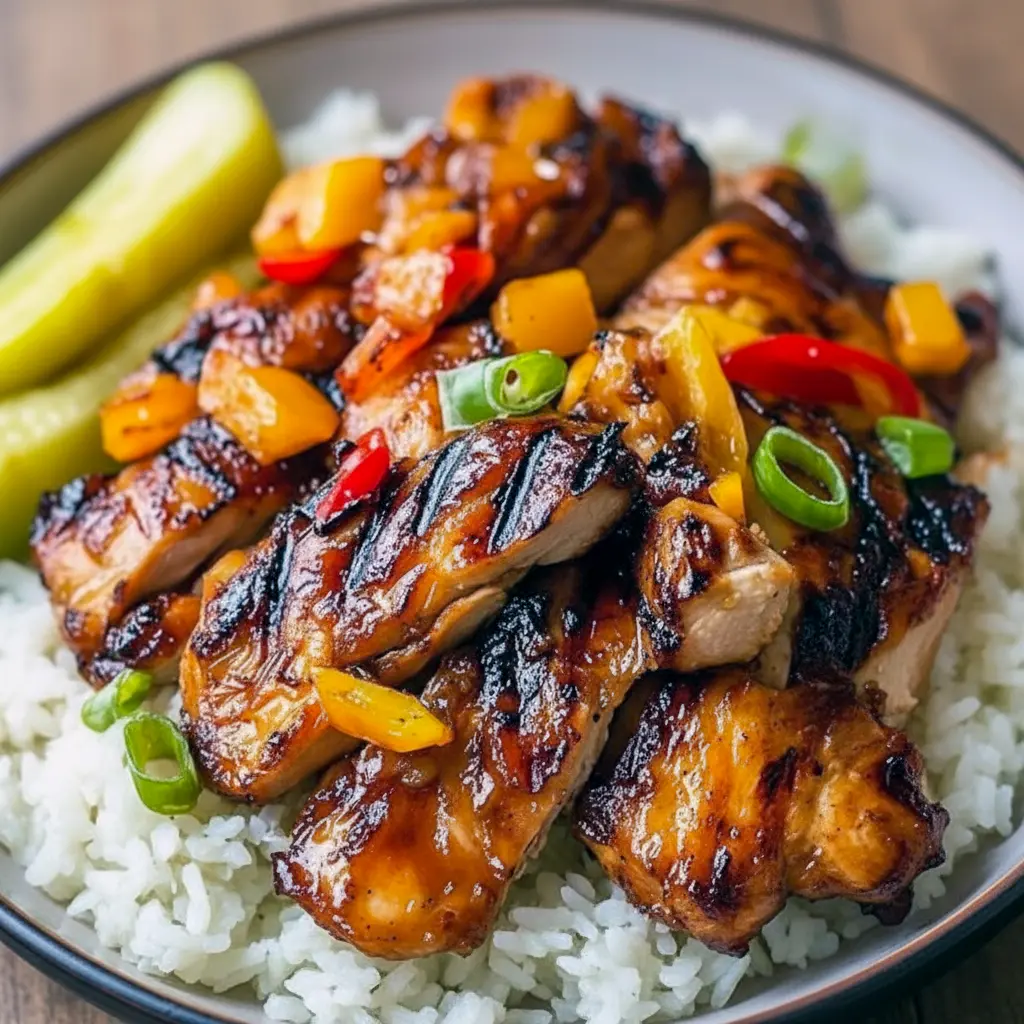 Hawaiian Dishes — grilled Huli Huli chicken thigh glazed with shiny pineapple-soy sauce, sliced and served over white rice with a sprinkle of green onion.