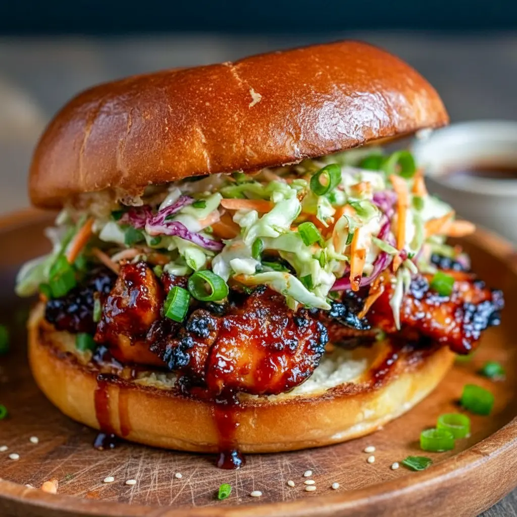 A toasted bun piled high with saucy Korean BBQ chicken, crunchy cabbage slaw, and fresh toppings—an irresistible spin on a Korean Chicken Sandwich with vibrant textures and bold flavor.