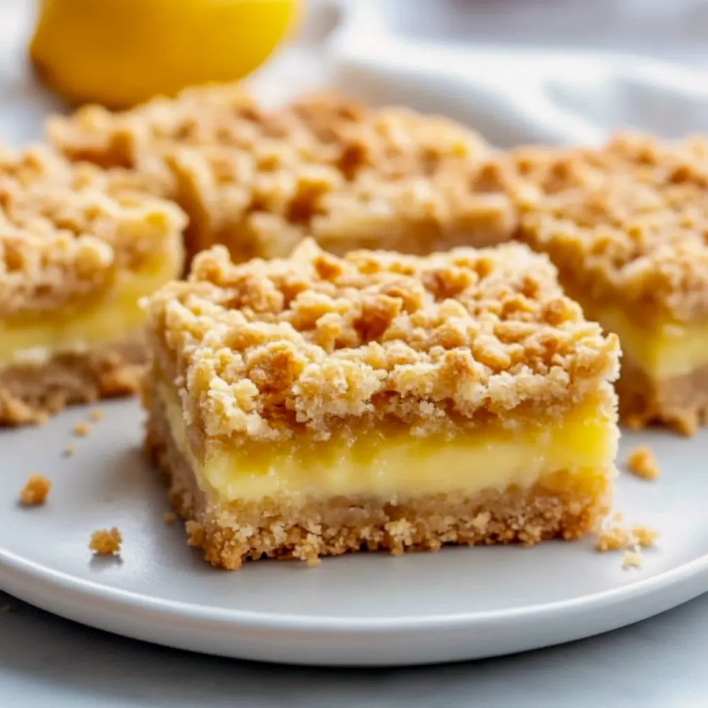 A stack of Lemon Oatmeal Crumble Bars on parchment showing the golden oat crust, glossy lemon center, and oat crumble — the ultimate Easy Lemon Dessert With Crumb, like Lemon Oatmeal Cookie Bars or Easy Oatmeal Lemon Creme Bars. These Lemon Oatmeal Bars / Lemon Oat Bars are made by following How To Make Oatmeal Lemon Bars steps to create classic Oatmeal Lemon Crumble Bars from a trusted Oatmeal Lemon Bars Recipe.