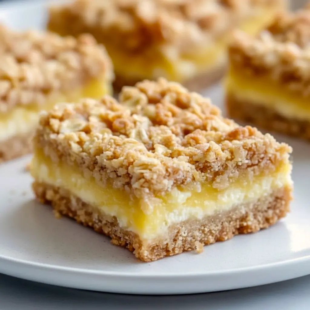 A stack of Lemon Oatmeal Crumble Bars on parchment showing the golden oat crust, glossy lemon center, and oat crumble — the ultimate Easy Lemon Dessert With Crumb, like Lemon Oatmeal Cookie Bars or Easy Oatmeal Lemon Creme Bars. These Lemon Oatmeal Bars / Lemon Oat Bars are made by following How To Make Oatmeal Lemon Bars steps to create classic Oatmeal Lemon Crumble Bars from a trusted Oatmeal Lemon Bars Recipe.