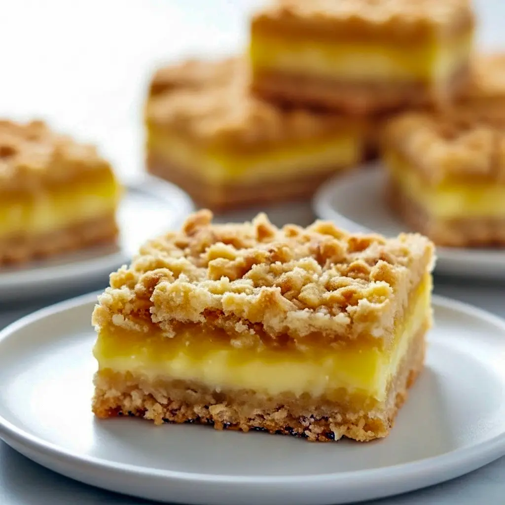 A stack of Lemon Oatmeal Crumble Bars on parchment showing the golden oat crust, glossy lemon center, and oat crumble — the ultimate Easy Lemon Dessert With Crumb, like Lemon Oatmeal Cookie Bars or Easy Oatmeal Lemon Creme Bars. These Lemon Oatmeal Bars / Lemon Oat Bars are made by following How To Make Oatmeal Lemon Bars steps to create classic Oatmeal Lemon Crumble Bars from a trusted Oatmeal Lemon Bars Recipe.