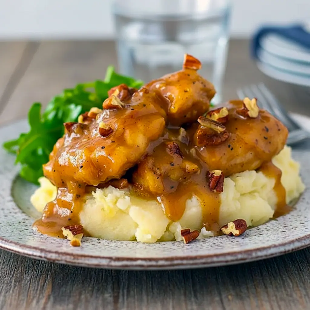 Pecan Chicken on mashed potatoes topped with toasted pecans and glossy sauce.