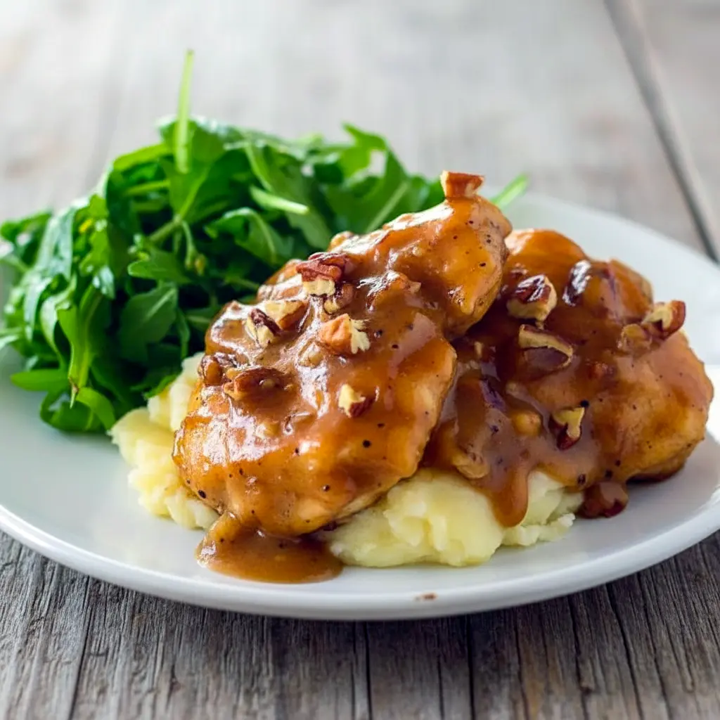 Pecan Chicken on mashed potatoes topped with toasted pecans and glossy sauce.