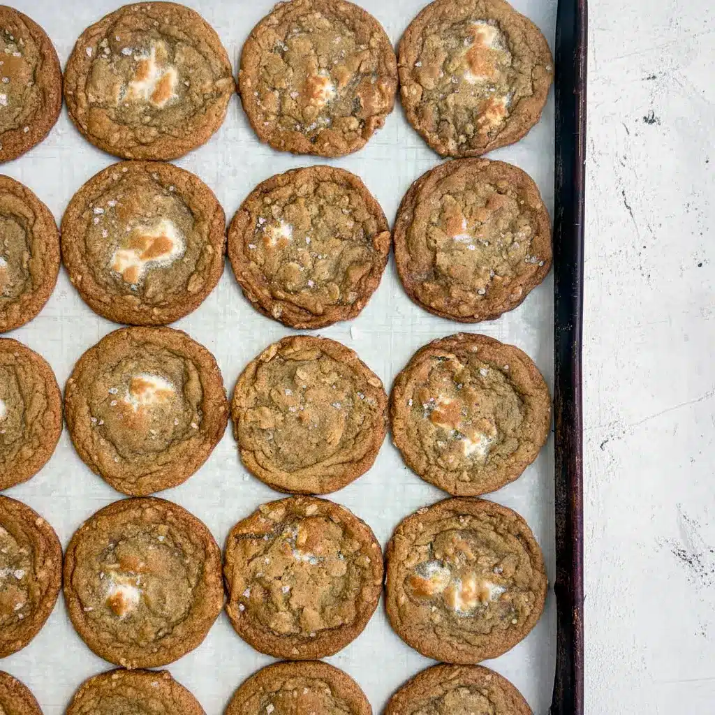 Close-up of golden-brown cookies studded with mini marshmallows and cereal — Crispy Marshmallow Cookies, a simple Marshmellow Cookie Recipe, Marshmallow Cookies Easy.