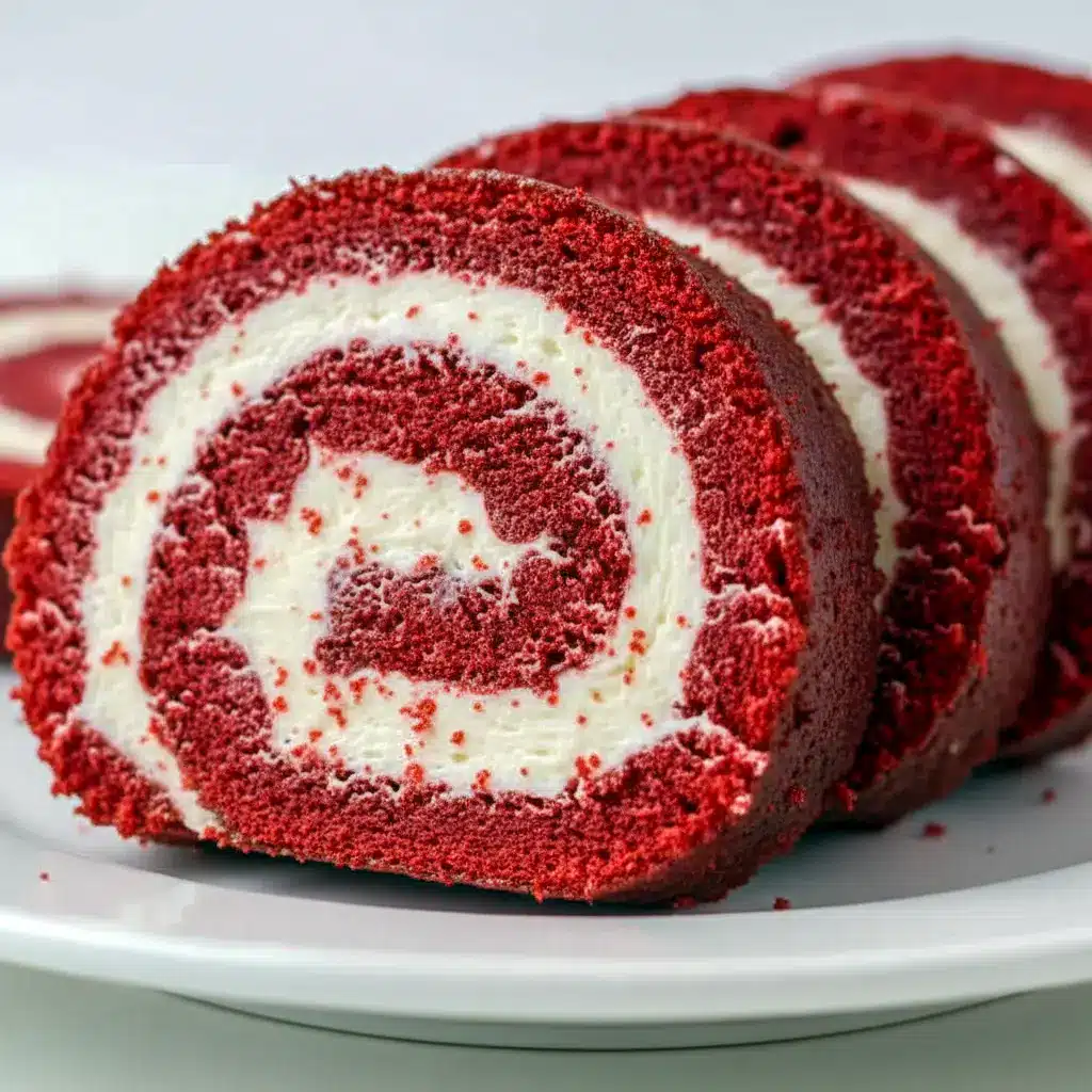 Close-up spiral slice of Red Velvet Rolls showing creamy swirl — decadent Red Velvet Roll slice with glossy red crumb, recipe: Red Velvet Roll Cake Recipe.