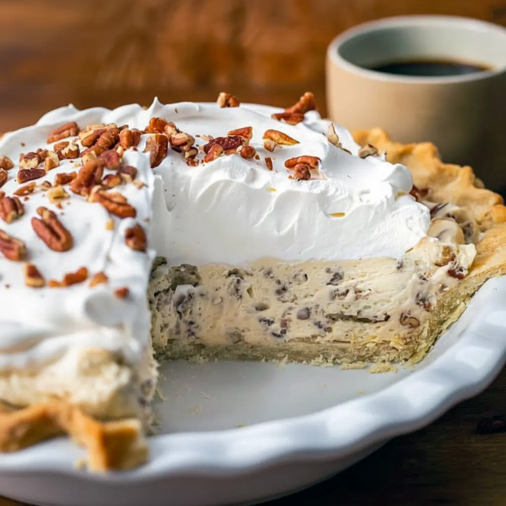 Close-up of a slice topped with whipped cream and toasted pecans: Creamy Pecan Pie Recipe on a flaky crust, shot from the side to show layers — the ultimate Pecan Cream Pie Recipe for festive gatherings.
