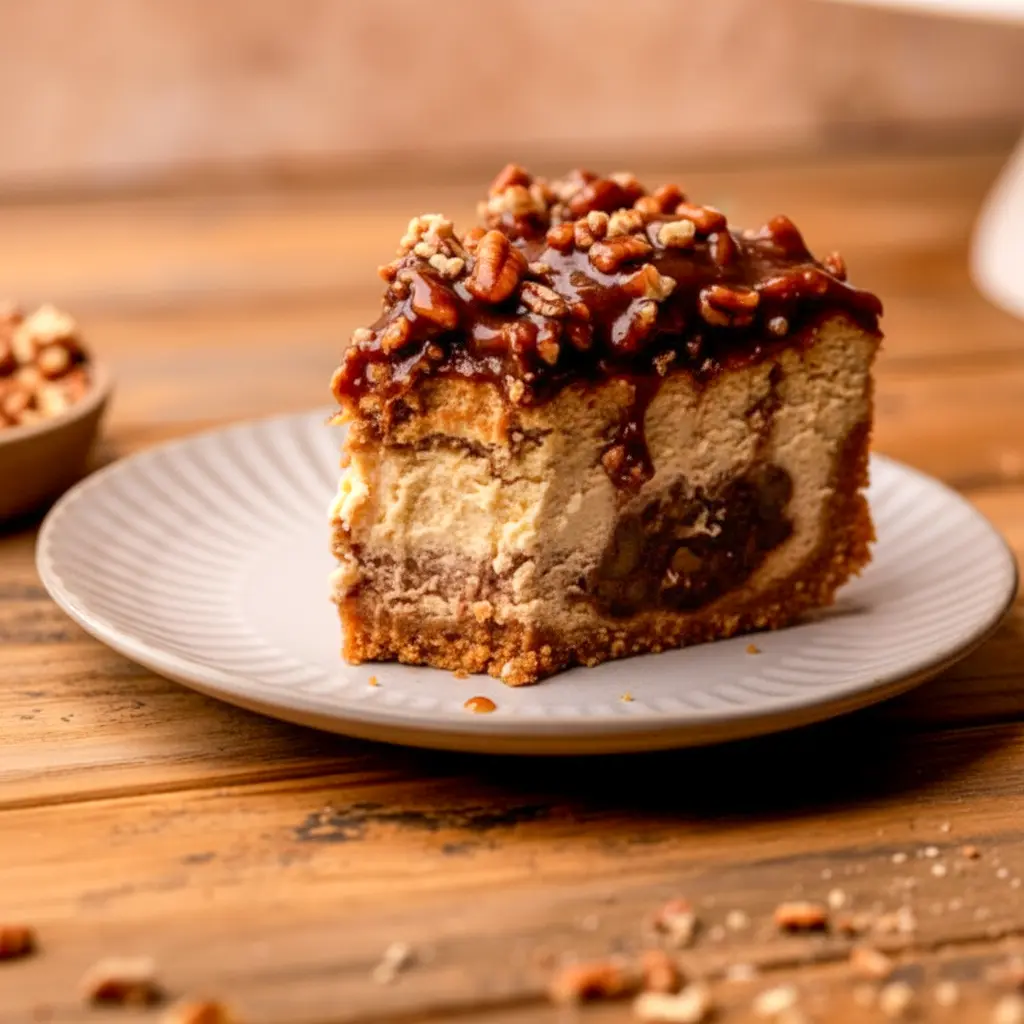 A slice of pecan pie cheesecake on a white plate — graham cracker crust, swirled pecan filling, and glossy pecan topping.