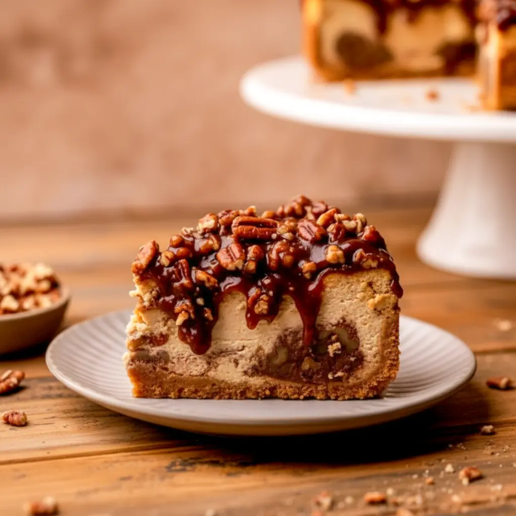 A slice of pecan pie cheesecake on a white plate — graham cracker crust, swirled pecan filling, and glossy pecan topping.