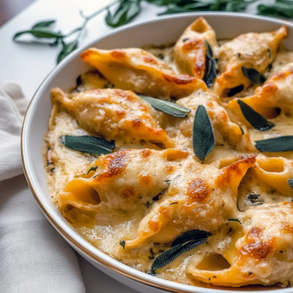 Close-up of golden stuffed shells with brown-butter sage sauce, perfect for Crockpot Recipes, Pasta Dishes.