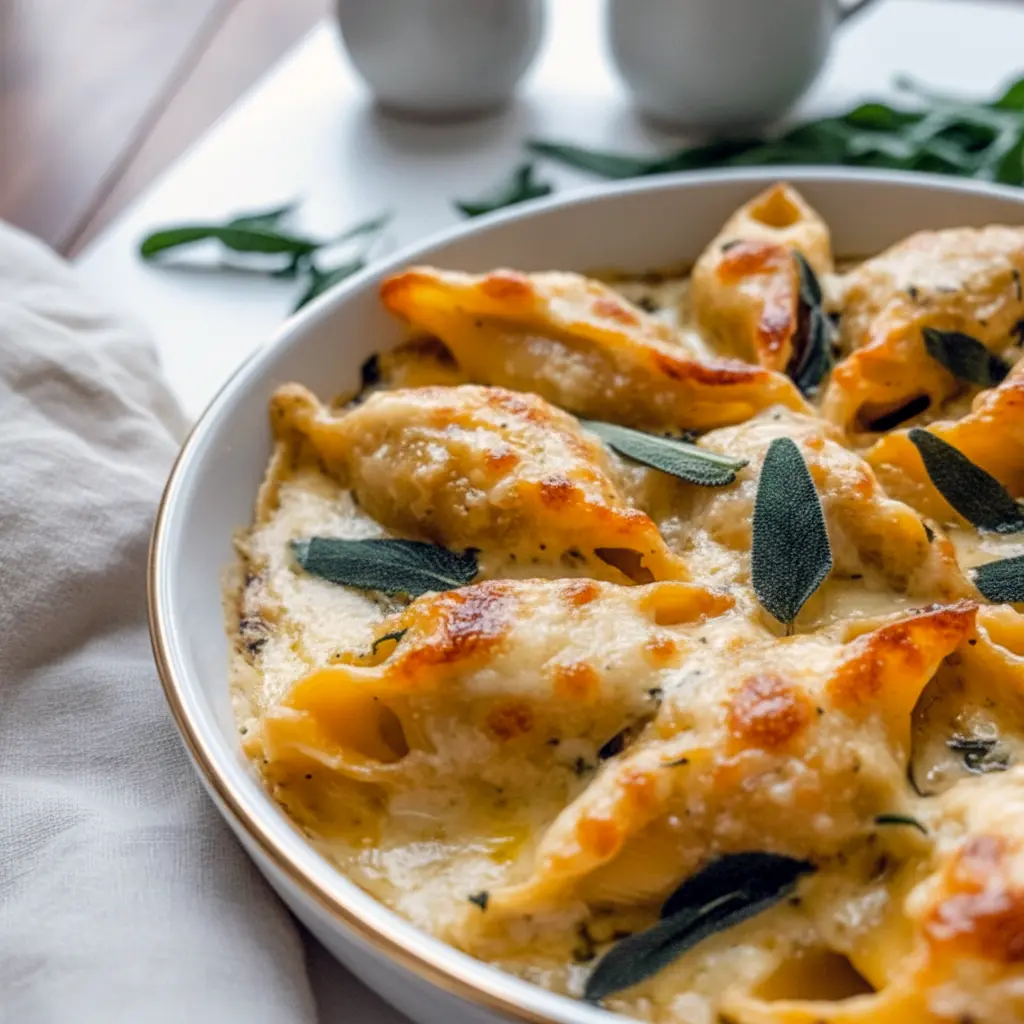 Close-up of golden stuffed shells with brown-butter sage sauce, perfect for Crockpot Recipes, Pasta Dishes.