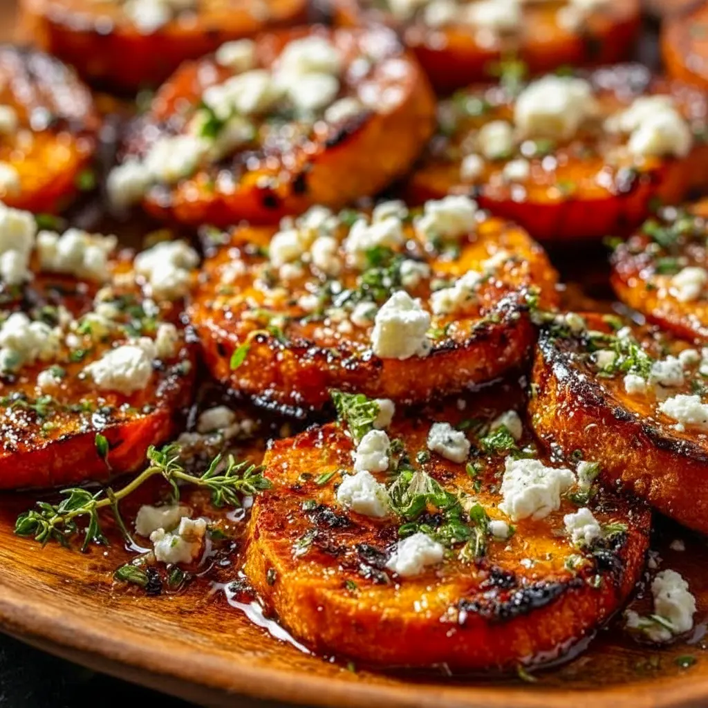 Thanksgiving Ideas Food Side Dishes — close-up of golden roasted sweet potato rounds topped with crumbled feta, a honey drizzle, and chopped parsley on a rustic platter.