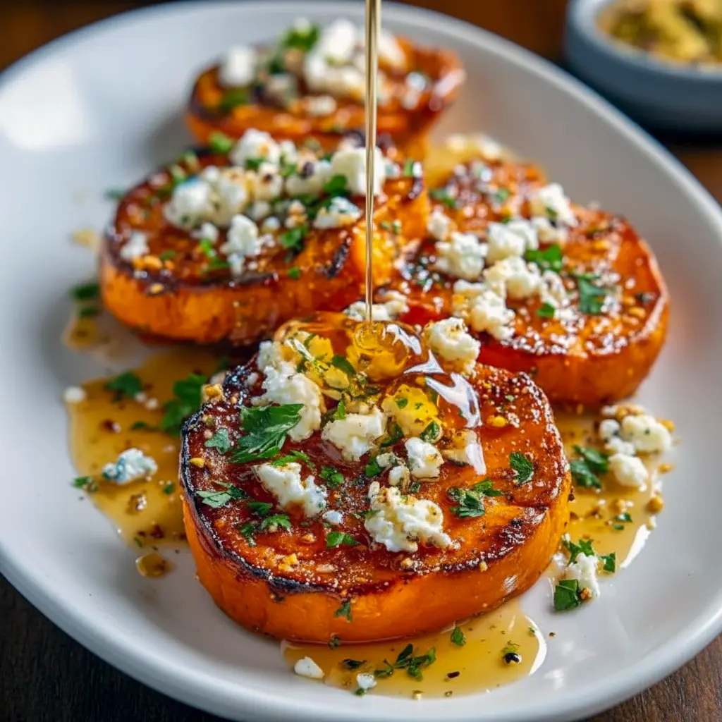 Thanksgiving Ideas Food Side Dishes — close-up of golden roasted sweet potato rounds topped with crumbled feta, a honey drizzle, and chopped parsley on a rustic platter.