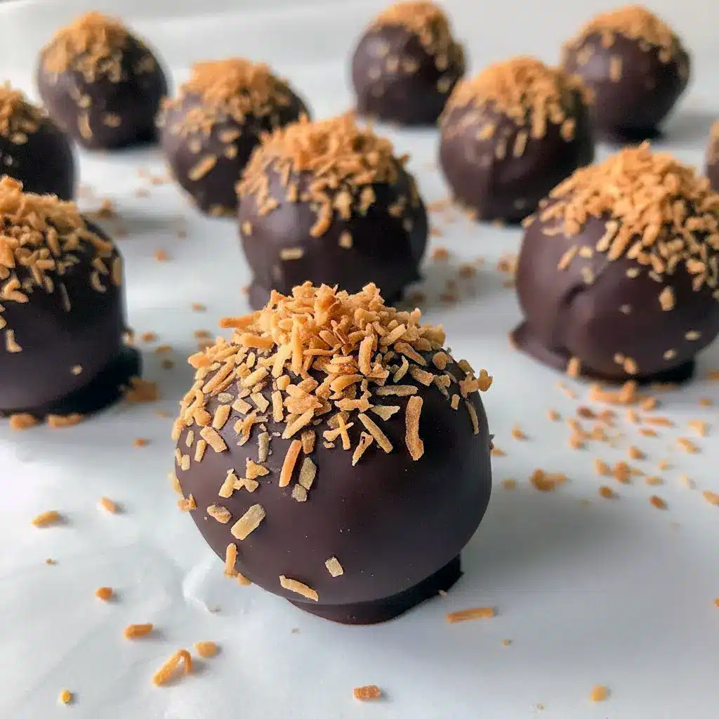 Close-up of chocolate-coated Samoa Balls sprinkled with toasted coconut — a wholesome, no-bake treat that’s part of the Healthy Girl Kitchen, perfect for Holiday Treats Healthy lovers and fans of Date Samoas or Samoa Bites.