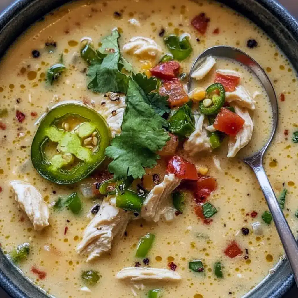 Jalapeno Popper Chicken bowl — steamy Spicy Soup take on Spicy Chicken Soup with shredded Cheddar Chicken, jalapeño specks from Jalapeno Chicken, a touch of Coconut Chicken, hints of Thai Coconut Chicken Soup and Thai Coconut Chicken, and popper-style Chicken Stuffed Peppers crunch.