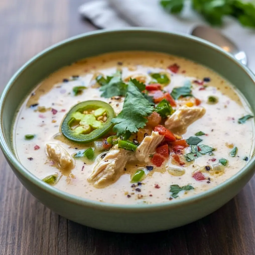 Jalapeno Popper Chicken bowl — steamy Spicy Soup take on Spicy Chicken Soup with shredded Cheddar Chicken, jalapeño specks from Jalapeno Chicken, a touch of Coconut Chicken, hints of Thai Coconut Chicken Soup and Thai Coconut Chicken, and popper-style Chicken Stuffed Peppers crunch.