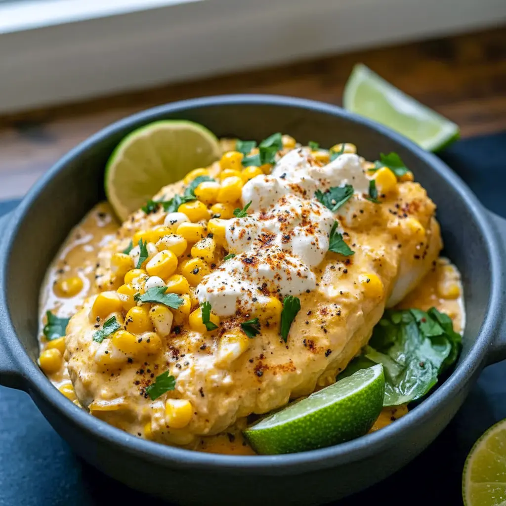 Shredded creamy street corn chicken in a slow cooker, garnished with cilantro and lime wedges, ready for tacos or bowls, Flavorful Crockpot Meals.