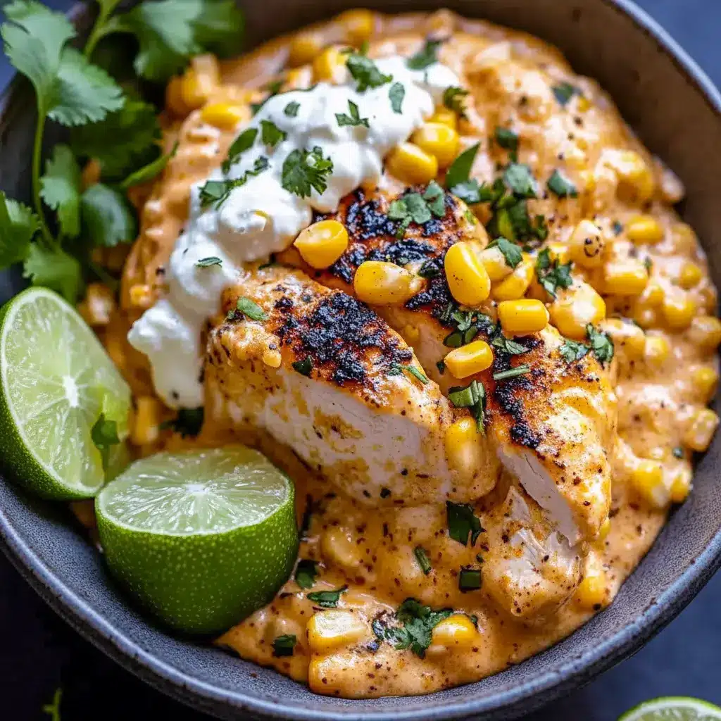 Shredded creamy street corn chicken in a slow cooker, garnished with cilantro and lime wedges, ready for tacos or bowls.
