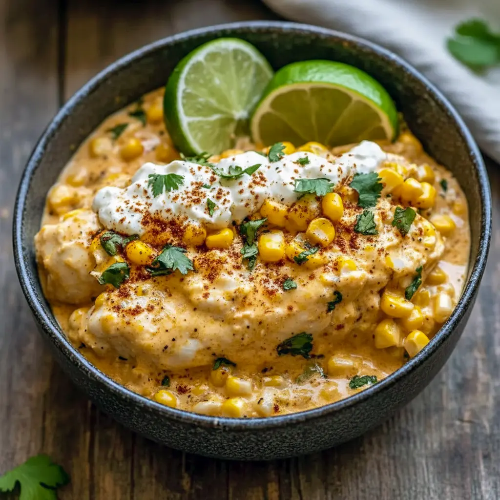 Shredded creamy street corn chicken in a slow cooker, garnished with cilantro and lime wedges, ready for tacos or bowls.