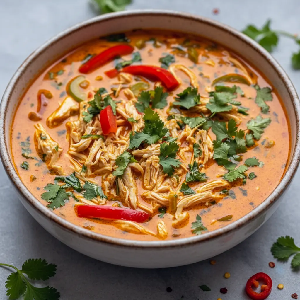 Bowl of coconut-curry soup with shredded chicken, lime, and cilantro — a cozy Soups Without Cream option that reads like a fragrant Thai Stew, ideal for Batch Soup Recipes and a trusty Thai Soup Crockpot weeknight meal.