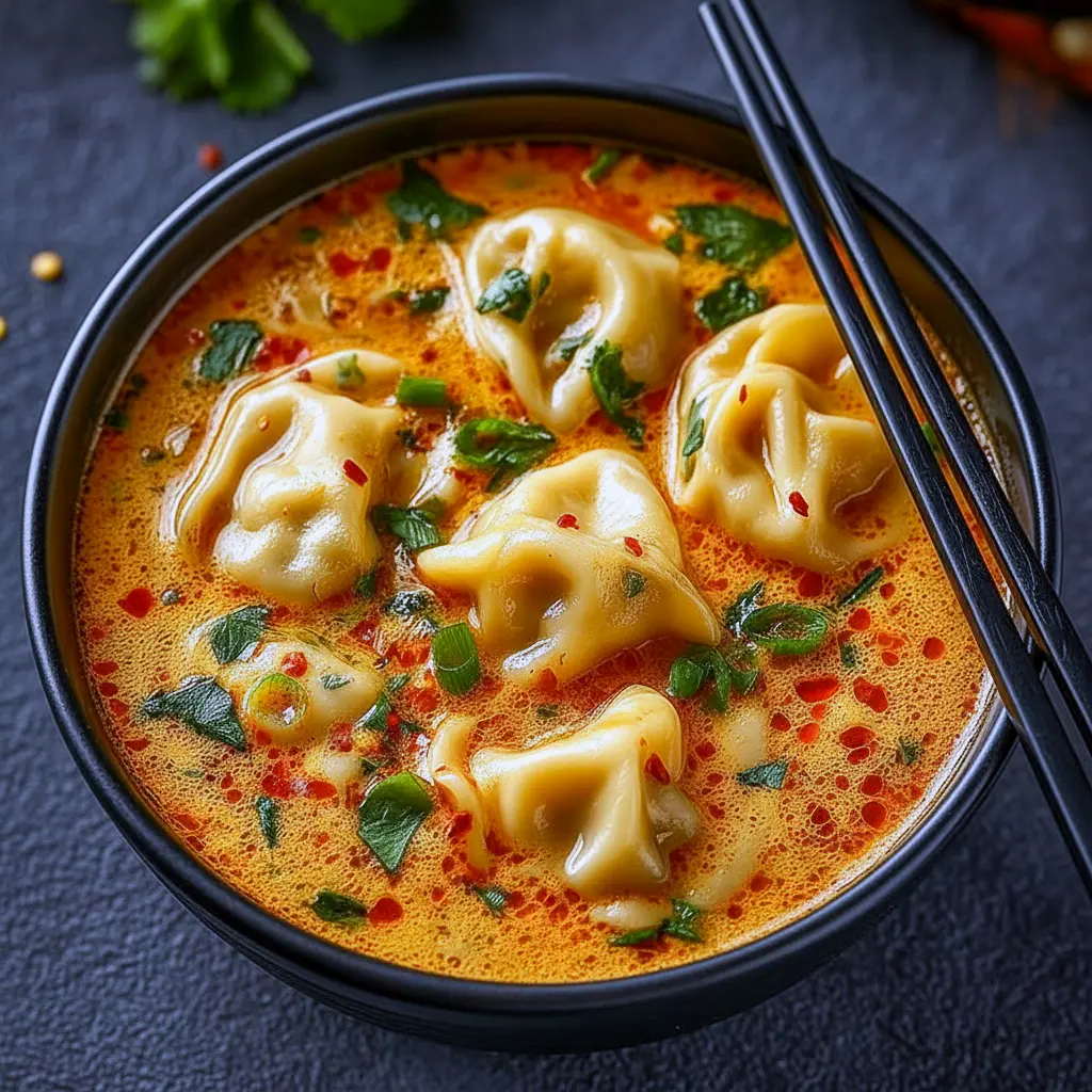 Creamy Asian Soup — bowl of coconut-curry broth with potstickers, spinach, sweet potato, lime, and cilantro (top-down).
