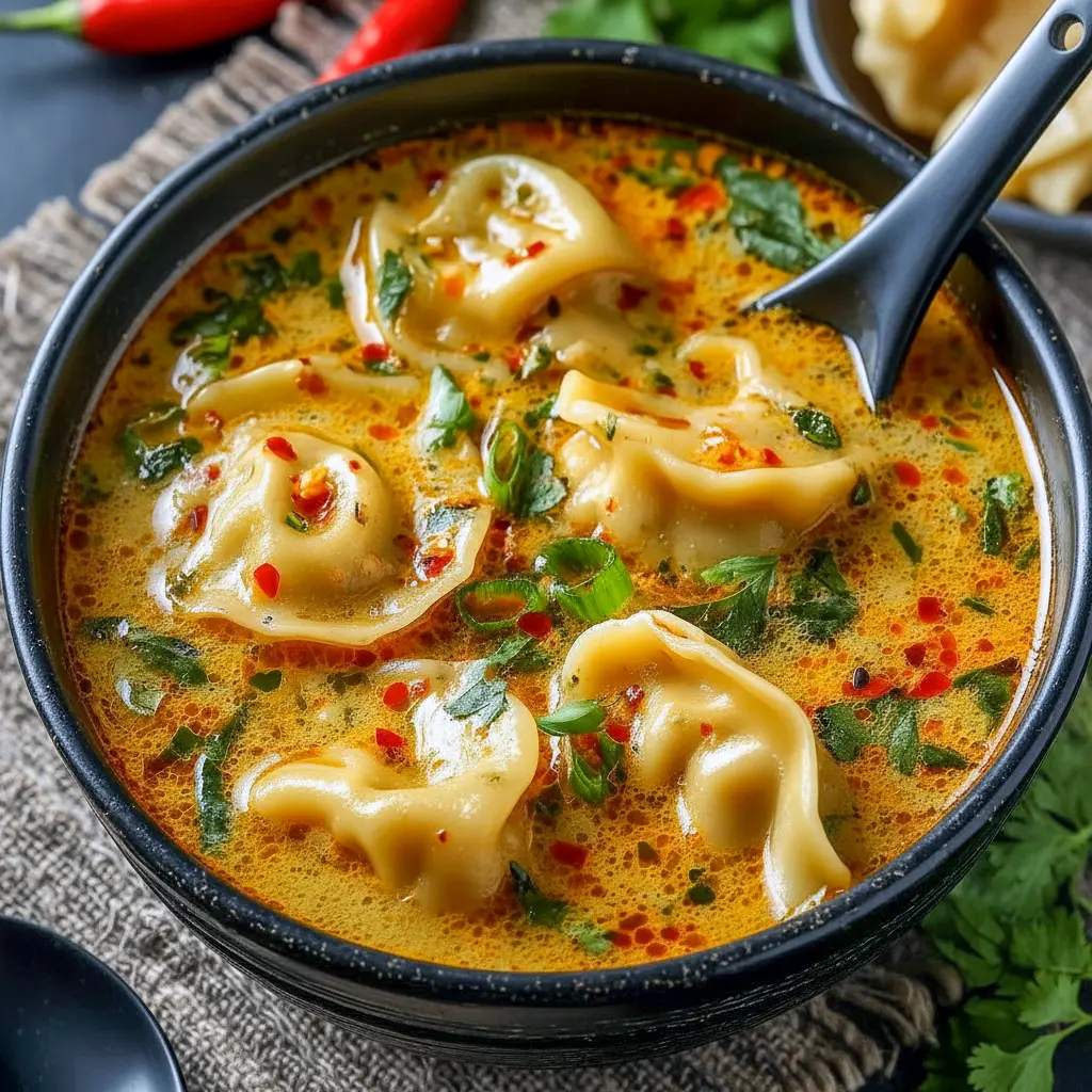 Creamy Asian Soup — bowl of coconut-curry broth with potstickers, spinach, sweet potato, lime, and cilantro (top-down).