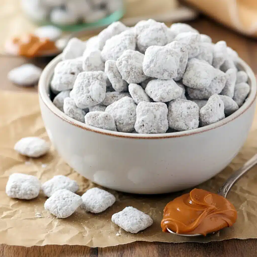 Close-up of Biscoff puppy chow: Chex cereal clusters coated in chocolate-cookie butter and powdered sugar, piled in a rustic bowl, Puppy Chow Different Flavors.
