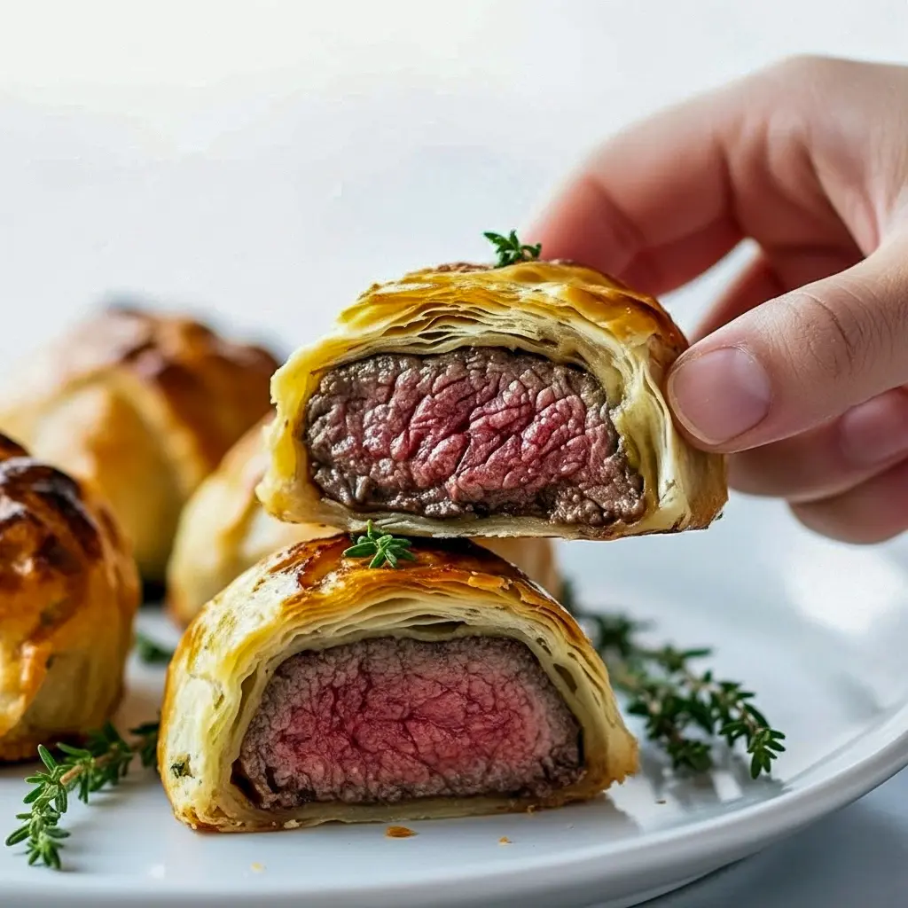 Golden, flaky puff pastry parcels filled with seared beef, mushroom duxelles and prosciutto, plated with small bowls of creamy Dijon and horseradish sauces, Beef Wellington Bites.