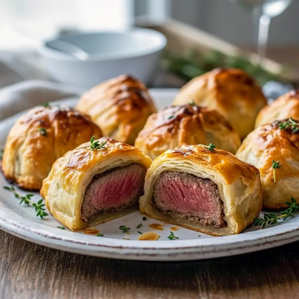 Golden, flaky puff pastry parcels filled with seared beef, mushroom duxelles and prosciutto, plated with small bowls of creamy Dijon and horseradish sauces, Beef Wellington Bites.