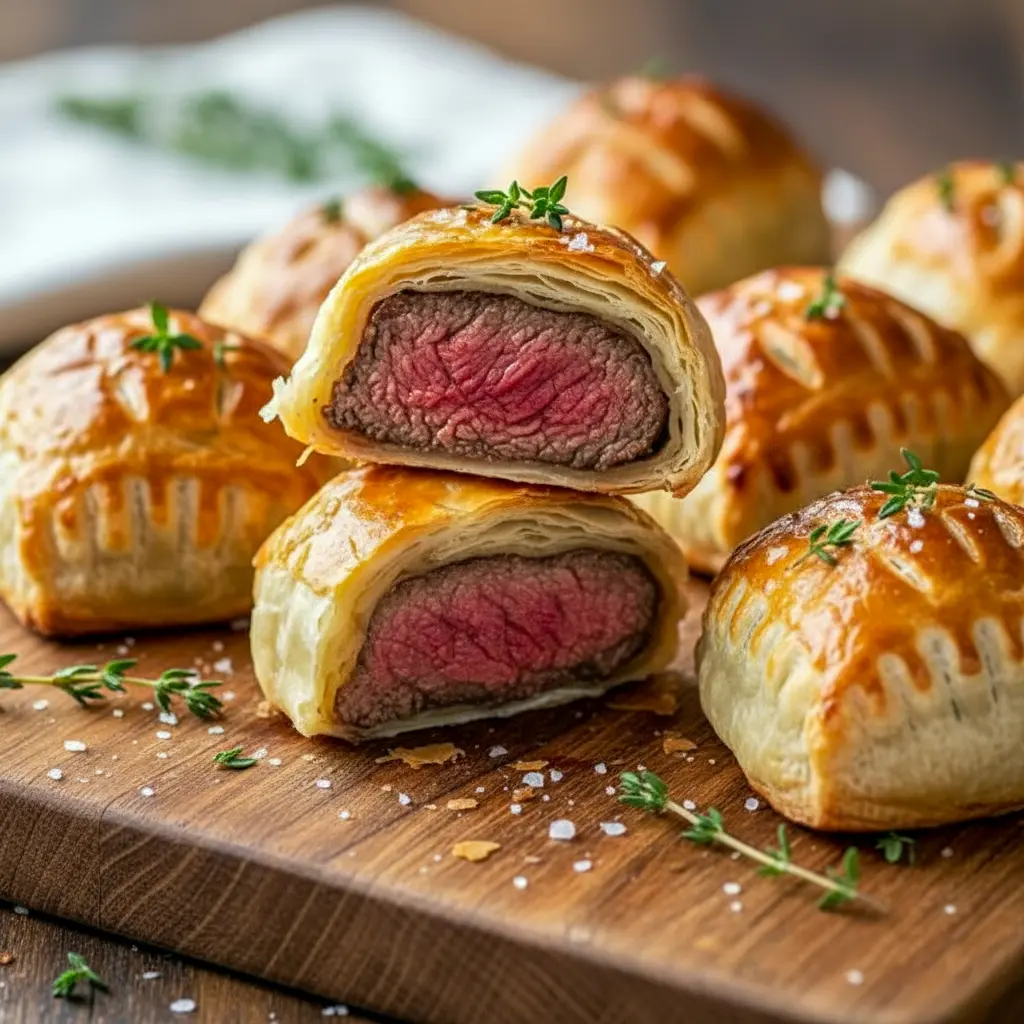 Golden, flaky puff pastry parcels filled with seared beef, mushroom duxelles and prosciutto, plated with small bowls of creamy Dijon and horseradish sauces, Beef Wellington Bites.