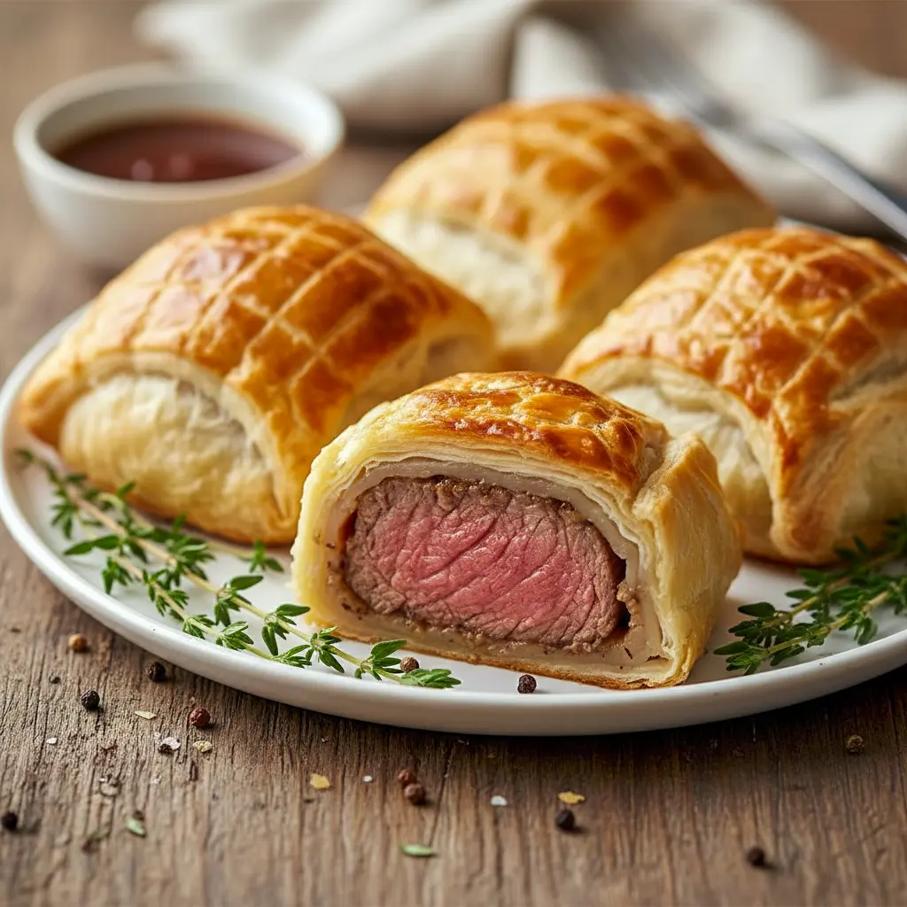 Golden, flaky puff pastry parcels filled with seared beef, mushroom duxelles and prosciutto, plated with small bowls of creamy Dijon and horseradish sauces, Beef Wellington Bites.