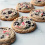 Close-up of peppermint Oreo cookies stacked on a festive plate, topped with crushed candy canes and scattered chocolate chips, Best Christmas Cookies.