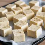 Square of rich, white-chocolate eggnog fudge dusted with nutmeg on parchment — a perfect Egg Nog Desserts Easy, ideal for Recipes Using Egg Nog, and a festive twist on a Snickerdoodle Fudge Recipe, Recipe With Eggnog.