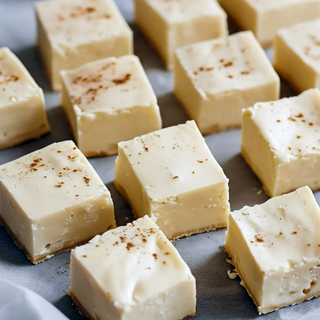Square of rich, white-chocolate eggnog fudge dusted with nutmeg on parchment — a perfect Egg Nog Desserts Easy, ideal for Recipes Using Egg Nog, and a festive twist on a Snickerdoodle Fudge Recipe, Recipe With Eggnog.