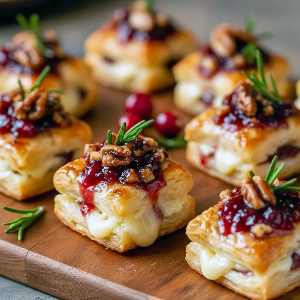 Close-up of golden puff pastry cups filled with melted brie and cranberry topping, garnished with fresh rosemary, Brie Bites.