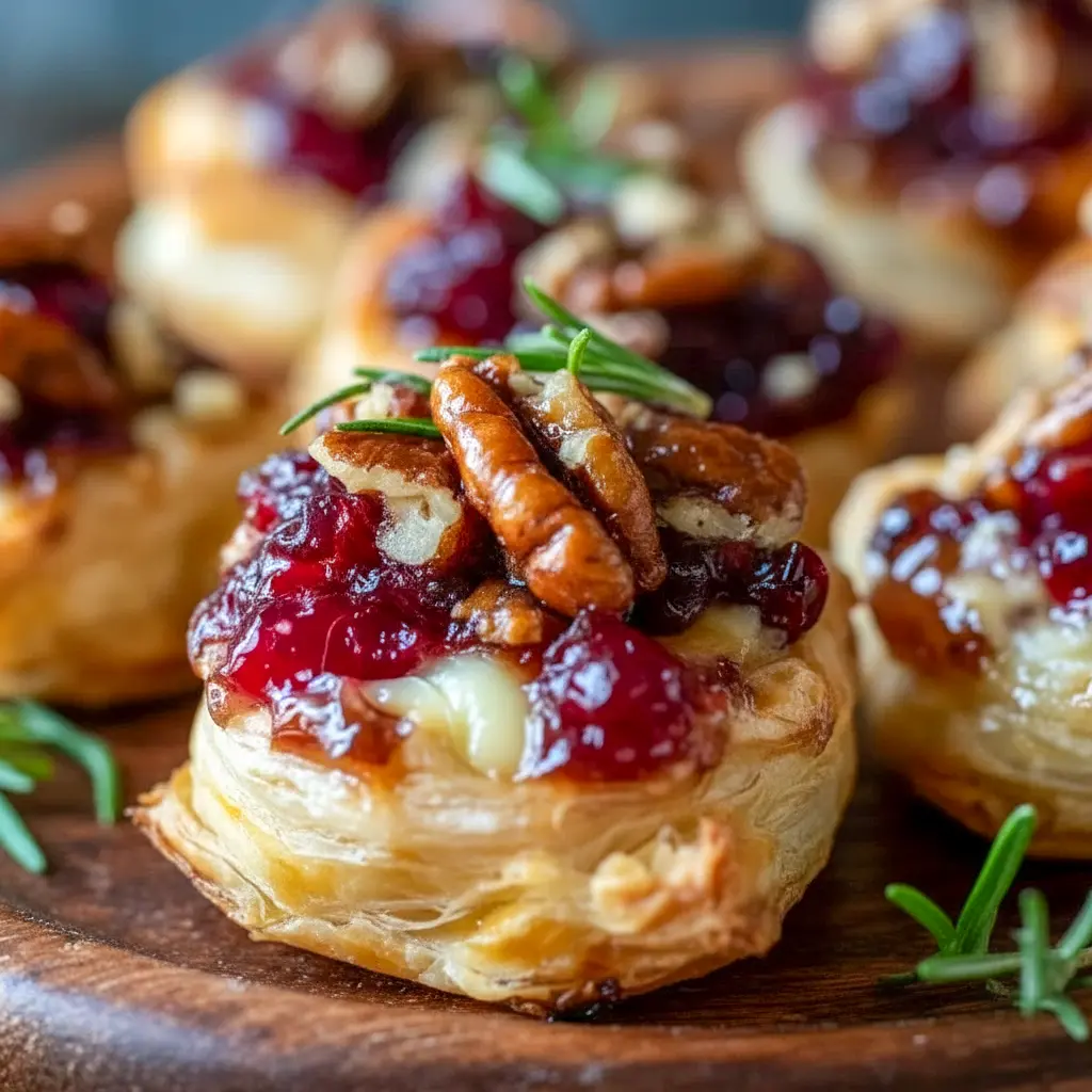 Close-up of golden puff pastry cups filled with melted brie and cranberry topping, garnished with fresh rosemary, Brie Bites.