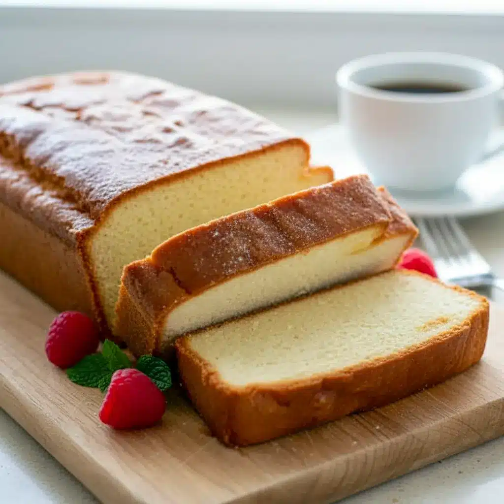 Sliced keto cream cheese pound cake on a wooden board, showing moist, golden interior and tender crumb, styled with a few fresh berries, Keto Pound Cake Cream Cheese.