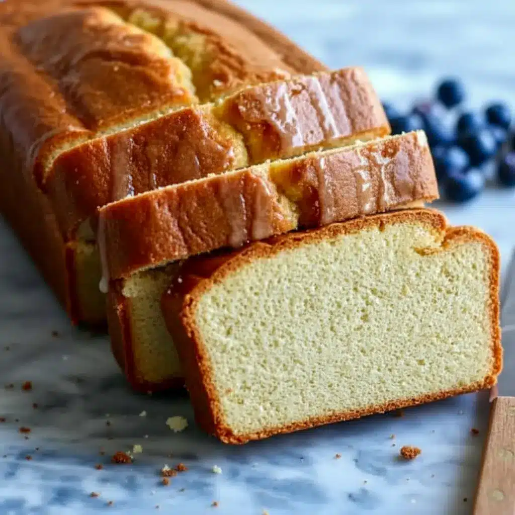 Sliced keto cream cheese pound cake on a wooden board, showing moist, golden interior and tender crumb, styled with a few fresh berries, Keto Pound Cake Cream Cheese.