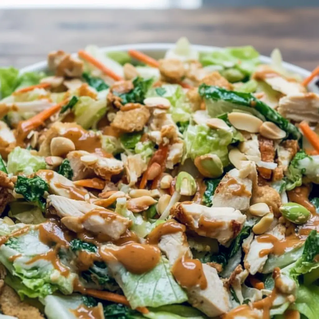 Photo of Chicken Cashew Crunch Salad with romaine, grilled chicken, cashews and crispy noodles — labeled Best Salad Recipes, perfect for Salad Side Dishes and Dinner Salads, part of fresh Fresh Salad Recipes, works as Salad Recipes For Dinner, a colorful Cold Salad to Eat Salad, great among Chicken Salad Recipes for Summer Dinner.