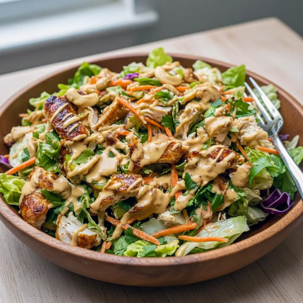 Photo of Chicken Cashew Crunch Salad with romaine, grilled chicken, cashews and crispy noodles — labeled Best Salad Recipes, perfect for Salad Side Dishes and Dinner Salads, part of fresh Fresh Salad Recipes, works as Salad Recipes For Dinner, a colorful Cold Salad to Eat Salad, great among Chicken Salad Recipes for Summer Dinner.