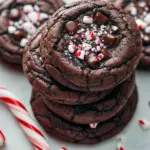 Fudgy chocolate peppermint brownie cookies with cracked glossy tops, melty chocolate chips, and crushed candy cane sprinkles on parchment paper, Easy Chocolate Christmas Cookies.