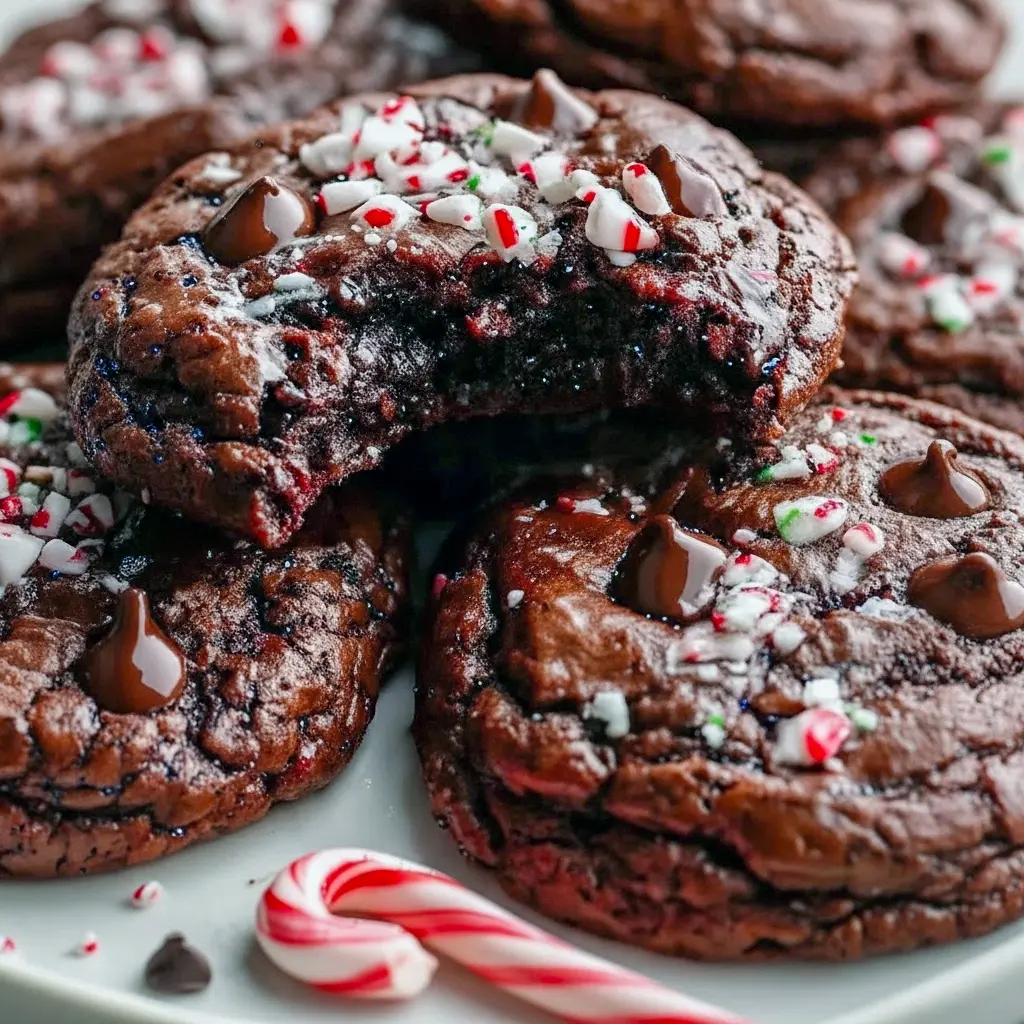 Fudgy chocolate peppermint brownie cookies with cracked glossy tops, melty chocolate chips, and crushed candy cane sprinkles on parchment paper, Easy Chocolate Christmas Cookies.