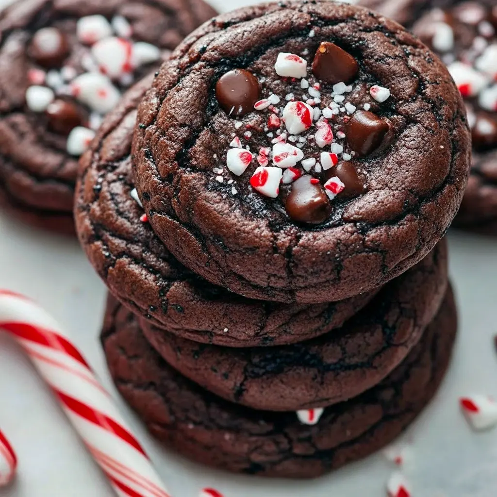 Fudgy chocolate peppermint brownie cookies with cracked glossy tops, melty chocolate chips, and crushed candy cane sprinkles on parchment paper, Easy Chocolate Christmas Cookies.
