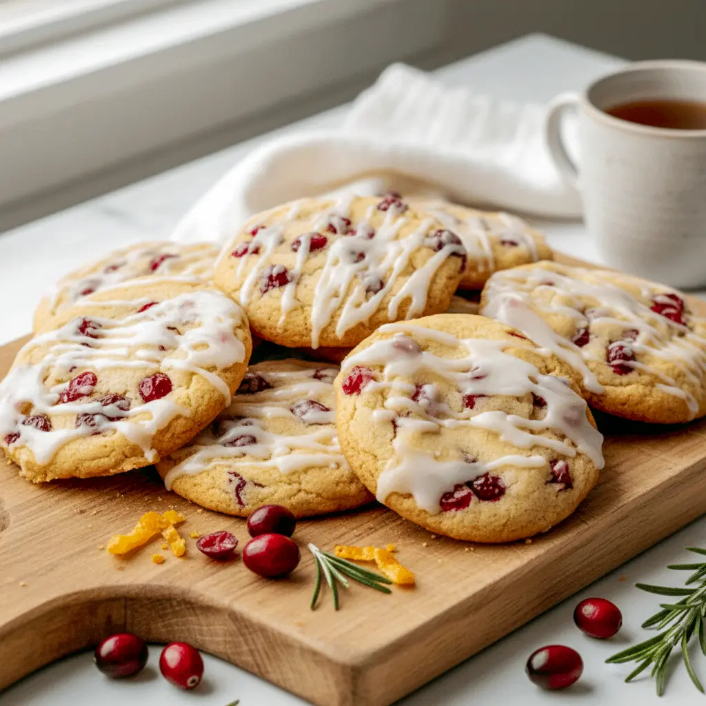 Close-up of chewy cranberry-orange cookies dusted with sugar and drizzled with orange glaze on a festive plate, Cranberry Christmas Cookies.
