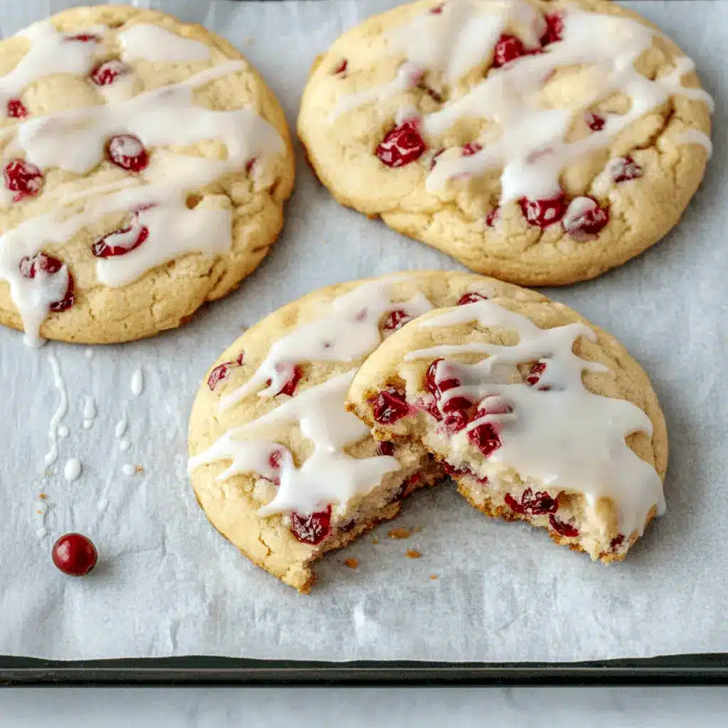 Close-up of chewy cranberry-orange cookies dusted with sugar and drizzled with orange glaze on a festive plate, Cranberry Christmas Cookies.