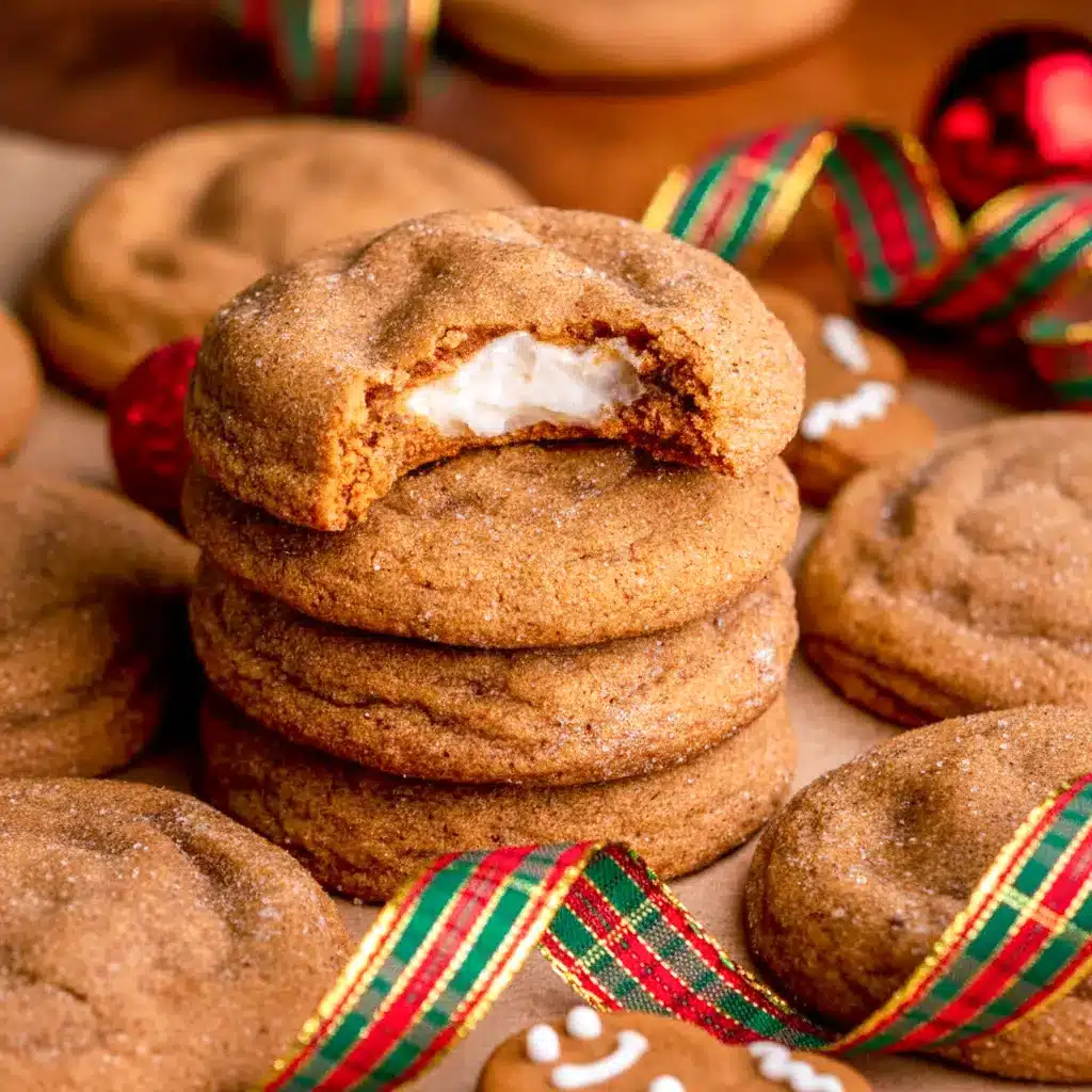 Close-up of a spiced gingerbread cookie stuffed with creamy cheesecake, rolled in cinnamon sugar and dusted with powdered sugar, Christmas Gingerbread Cheesecake Cookies.